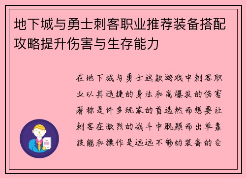 地下城与勇士刺客职业推荐装备搭配攻略提升伤害与生存能力