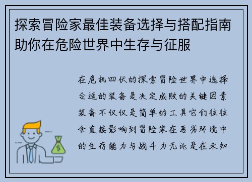 探索冒险家最佳装备选择与搭配指南助你在危险世界中生存与征服